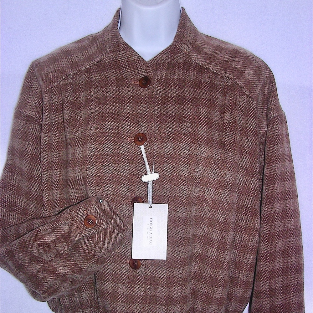 Giorgio Armani Le Collezioni size 12/46 Brown 100% Wool Plaid/Ceck Bomber style